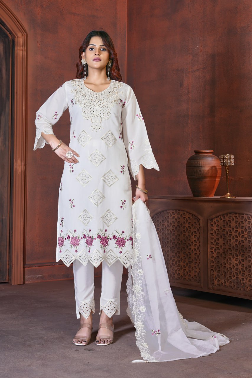 Pramukh Fab White Color Viscose Roman Kurta Set - Distacart