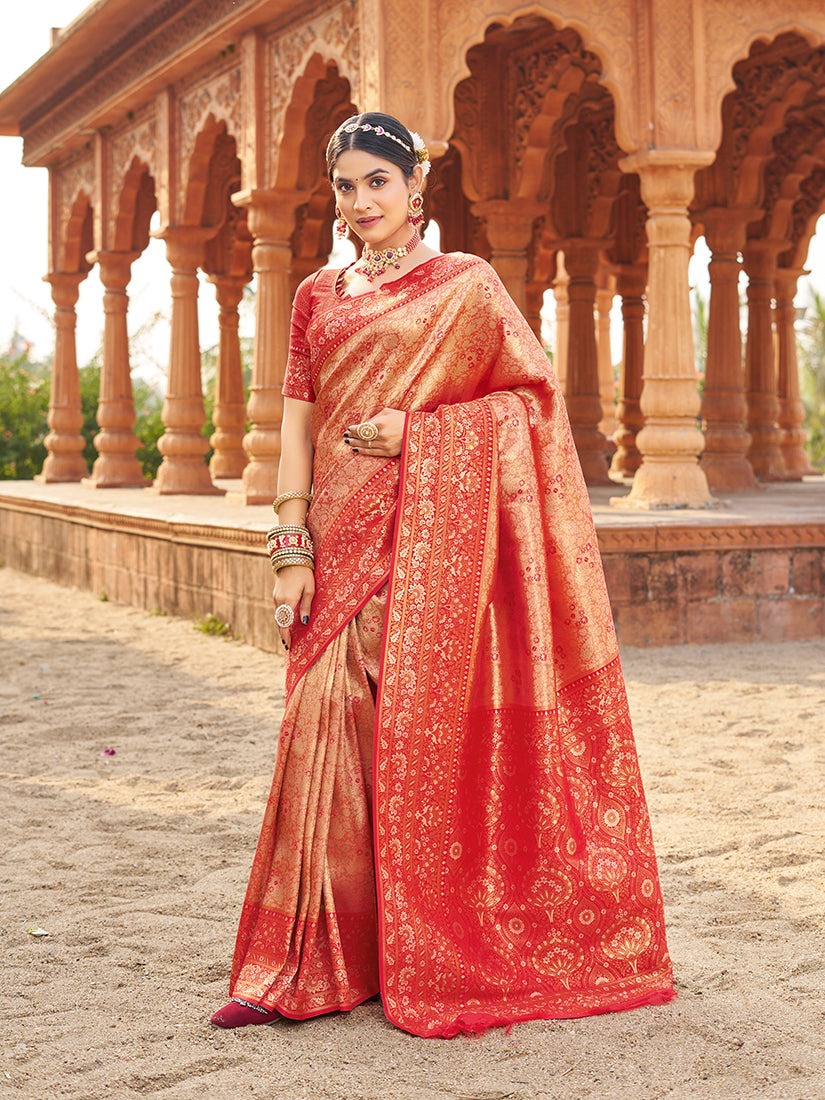 Monjolika Fashion Women's Red Soft Banarasi Silk Blend Zari Woven Saree With Blouse - Dista