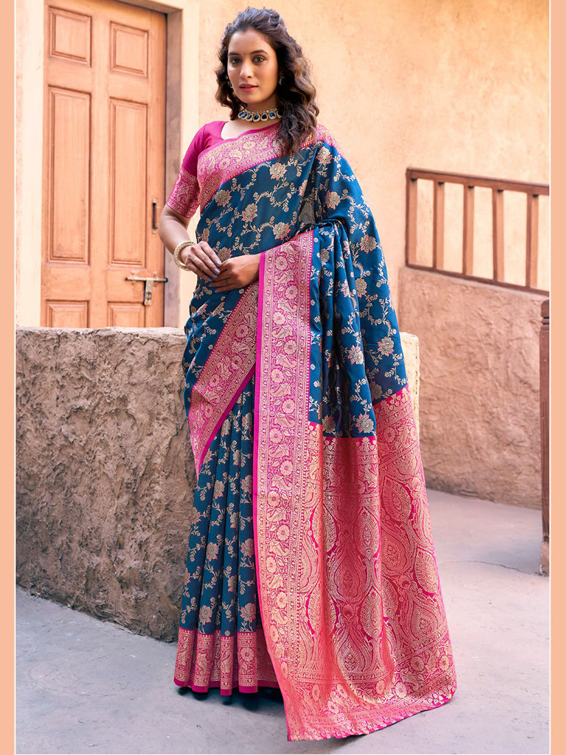 Monjolika Fashion Navy Blue Soft Banarasi Silk Blend Zari Woven Saree With Blouse - Dista