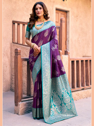 Monjolika Fashion Purple Soft Banarasi Silk Blend Zari Woven Saree With Blouse - Dista