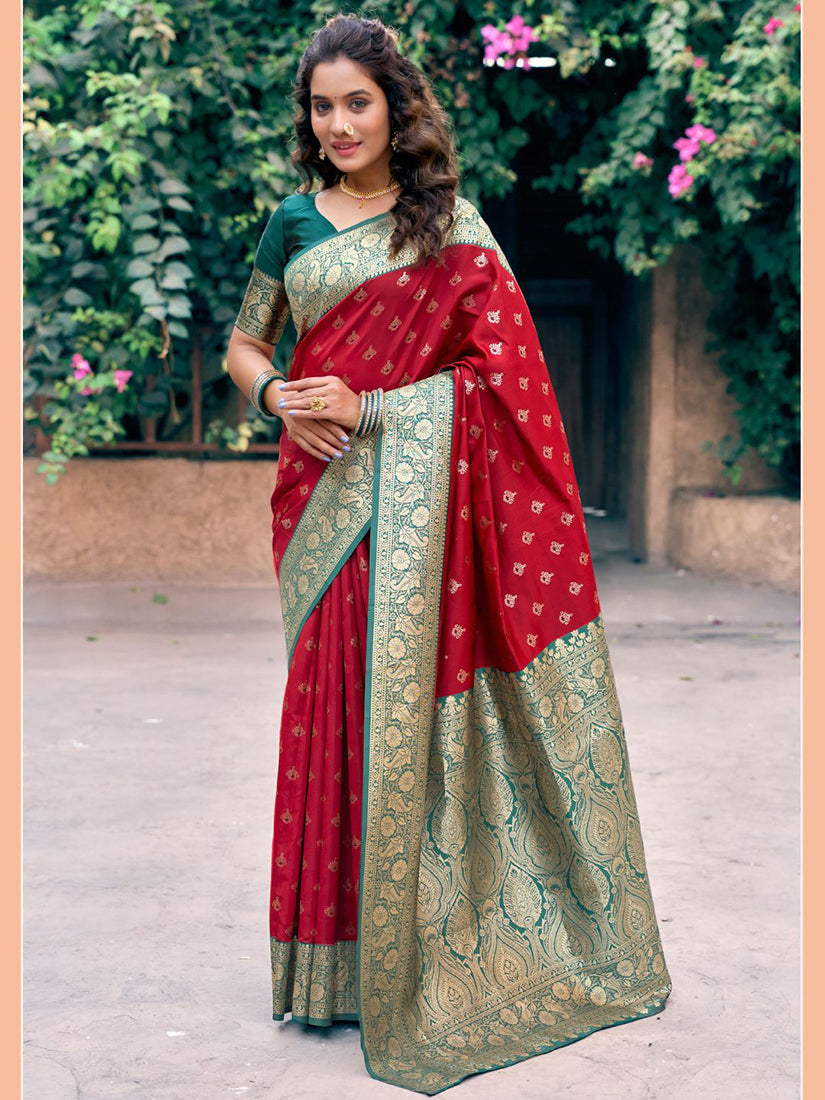 Monjolika Fashion Red Soft Banarasi Silk Blend Zari Woven Saree With Blouse - Dista