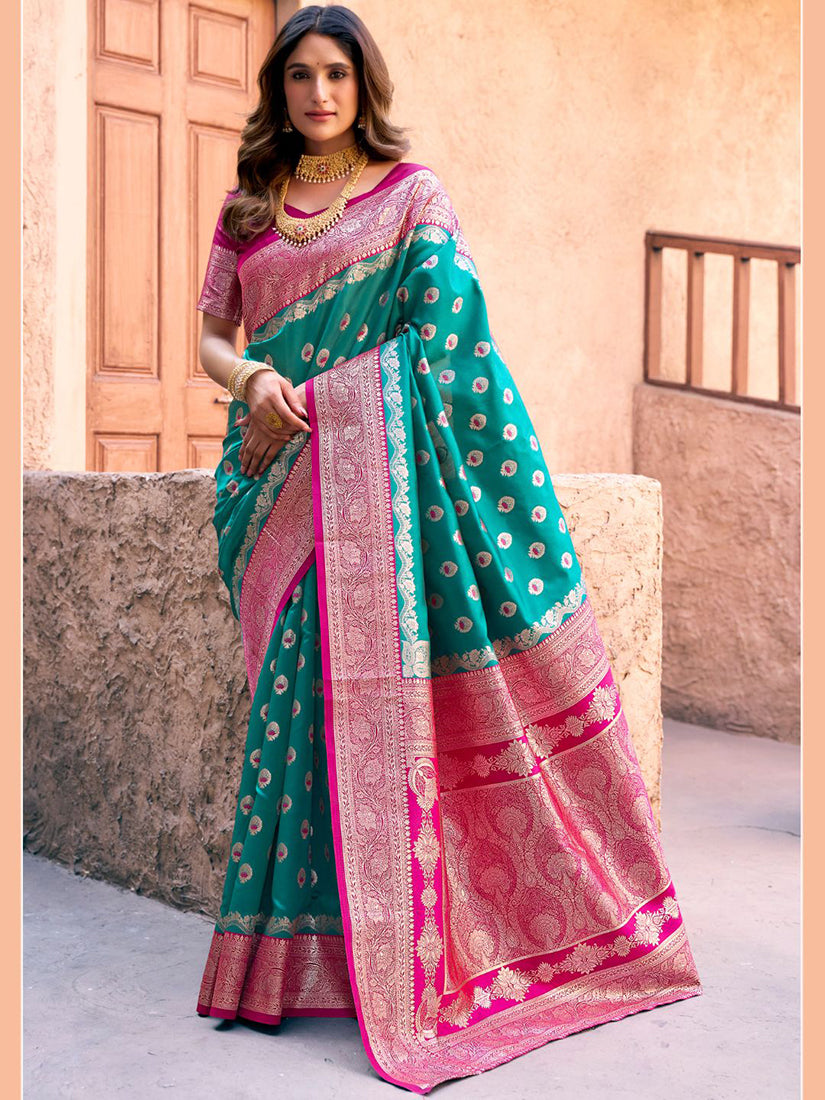 Monjolika Fashion Turquoise Soft Banarasi Silk Blend Zari Woven Saree With Blouse - Dista