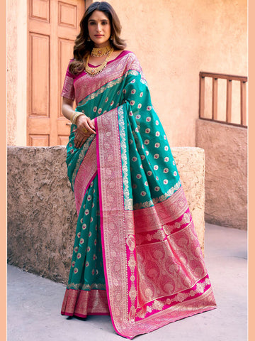Monjolika Fashion Turquoise Soft Banarasi Silk Blend Zari Woven Saree With Blouse - Dista