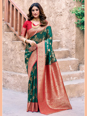 Monjolika Fashion Dark Green Soft Banarasi Silk Blend Zari Woven Saree With Blouse - Dista