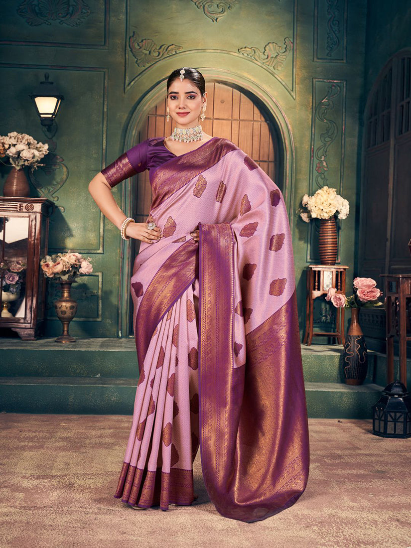 Monjolika Fashion Light Pink Soft Banarasi Silk Blend Saree with Purple Zari Border & Blouse Piece - Dista