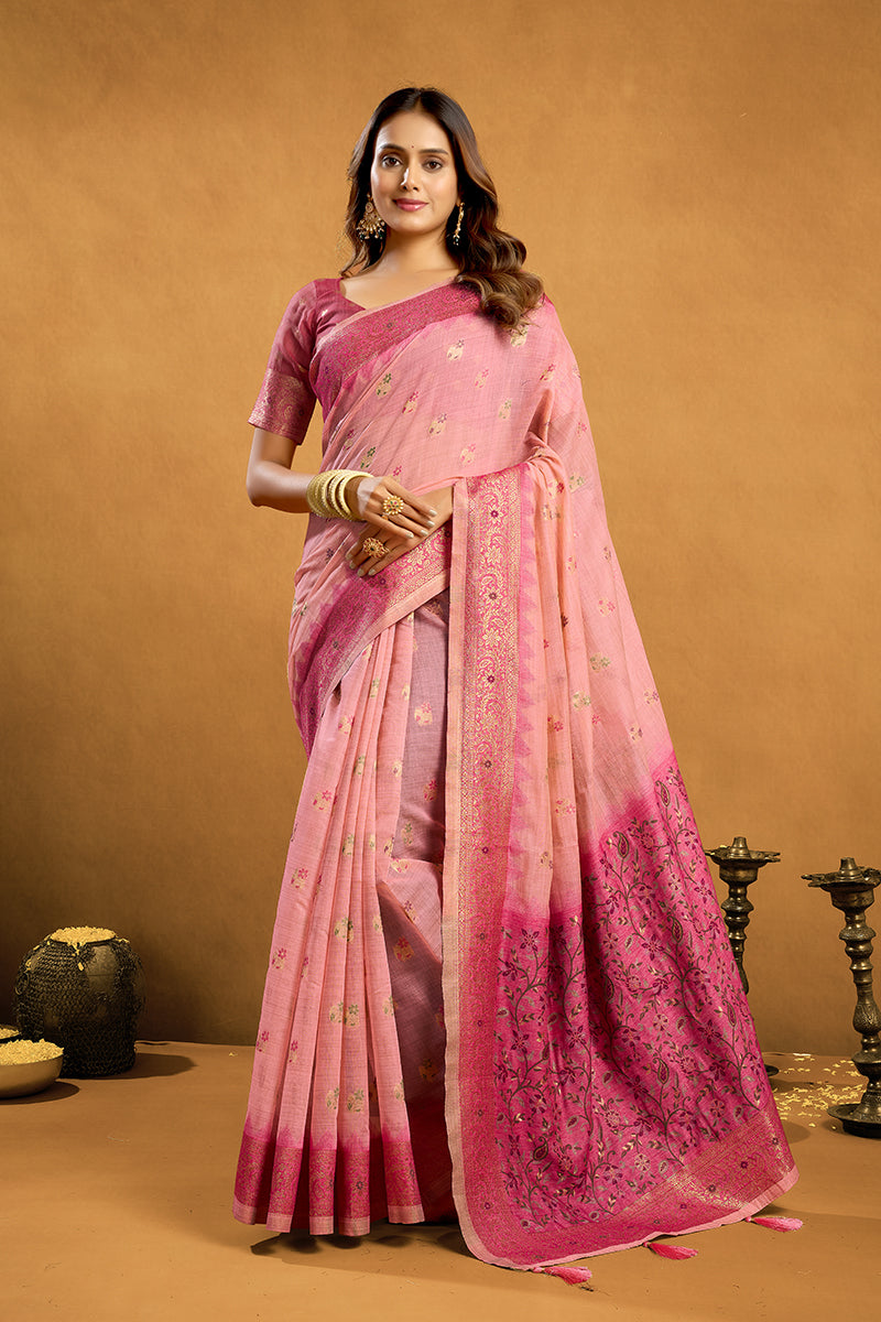 Monjolika Fashion Light Pink Cotton Blend Zari Woven Work Saree with Blouse Piece - Dista