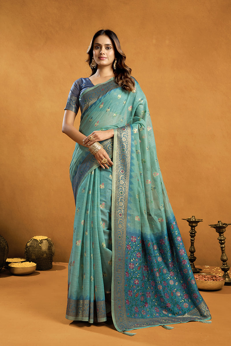 Monjolika Fashion Sea Green Cotton Blend Zari Woven Work Saree with Blouse Piece - Dista