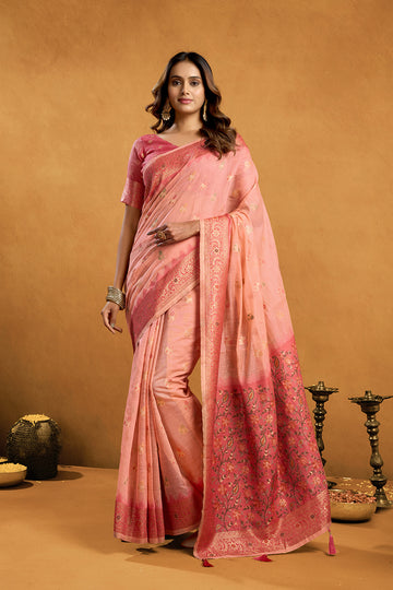Monjolika Fashion Pink Cotton Blend Zari Woven Work Saree with Blouse Piece - Dista