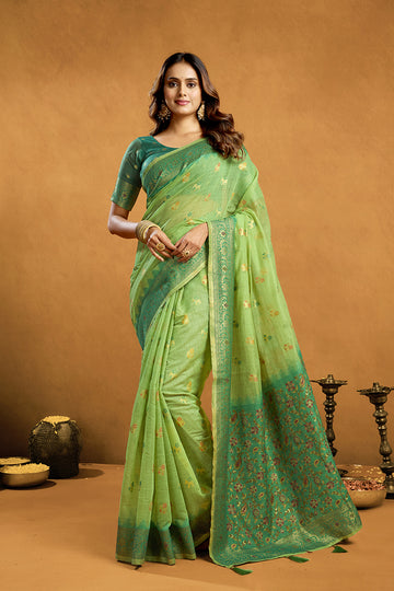 Monjolika Fashion Light Green Cotton Blend Zari Woven Work Saree with Blouse Piece - Dista