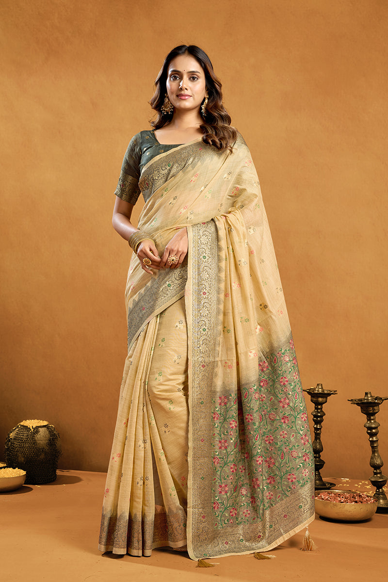 Monjolika Fashion Beige Cotton Blend Zari Woven Work Saree with Blouse Piece - Dista