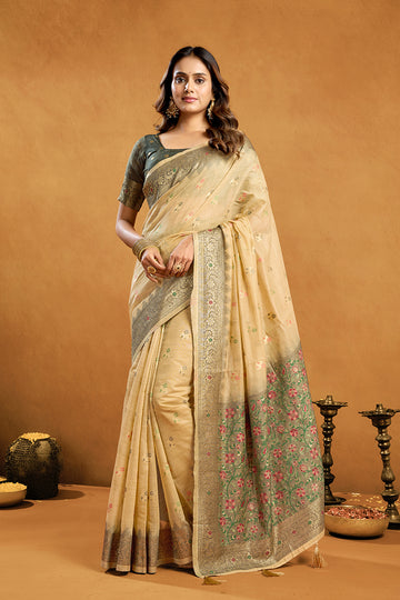 Monjolika Fashion Beige Cotton Blend Zari Woven Work Saree with Blouse Piece - Dista