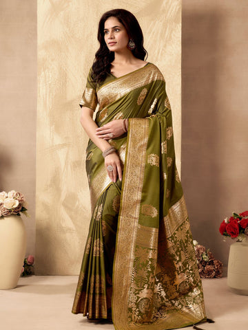 Monjolika Fashion Mehendi Green Banarasi Silk Blend Zari Weaving Saree With Blouse Piece - Dista