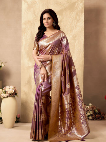 Monjolika Fashion Mauve Banarasi Silk Blend Zari Weaving Saree With Blouse Piece - Dista