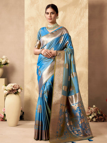 Monjolika Fashion Light Blue Banarasi Silk Blend Zari Weaving Saree With Blouse Piece - Dista