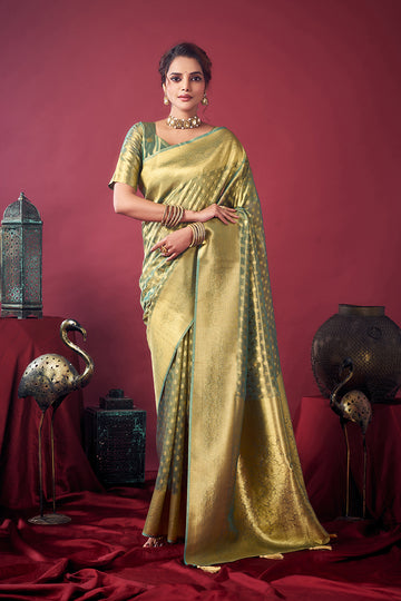 Monjolika Fashion Mint Green Soft Banarasi Tissue Silk Blend Weaving Saree With Blouse Piece - Dista