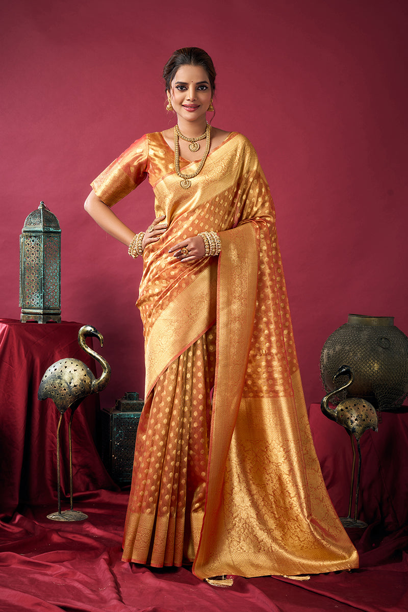 Monjolika Fashion Orange Soft Banarasi Tissue Silk Blend Weaving Saree With Blouse Piece - Dista