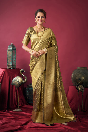 Monjolika Fashion Olive Green Soft Banarasi Tissue Silk Blend Weaving Saree With Blouse Piece - Dista