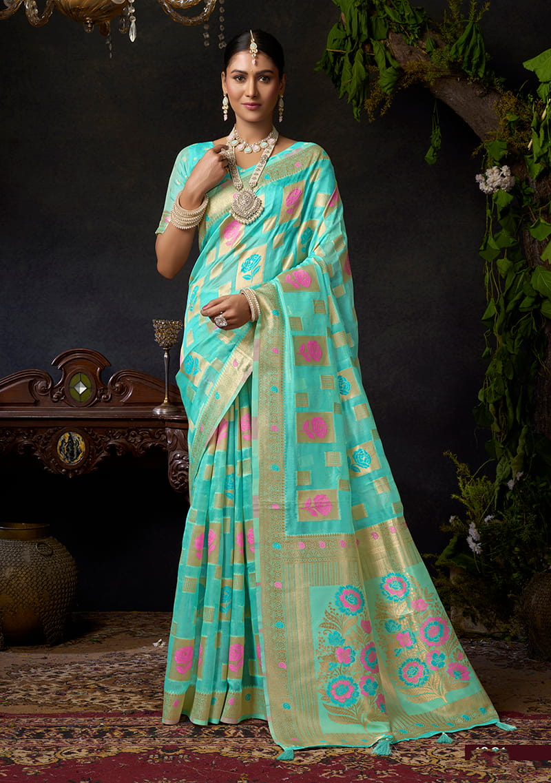 Monjolika Fashion Turquoise Organza Khadi Zari Weaving Saree with Blouse Piece - Dista