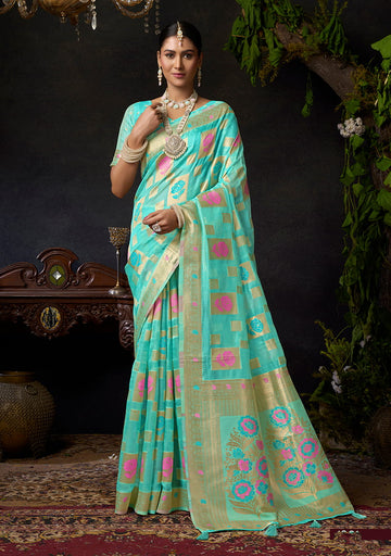 Monjolika Fashion Turquoise Organza Khadi Zari Weaving Saree with Blouse Piece - Dista