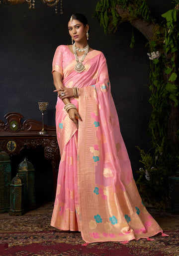 Monjolika Fashion Pink Organza Khadi Zari Weaving Saree with Blouse Piece - Dista