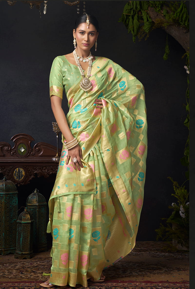 Monjolika Fashion Light Green Organza Khadi Zari Weaving Saree with Blouse Piece - Dista