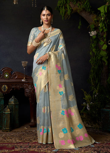 Monjolika Fashion Grey Organza Khadi Zari Weaving Saree with Blouse Piece - Dista