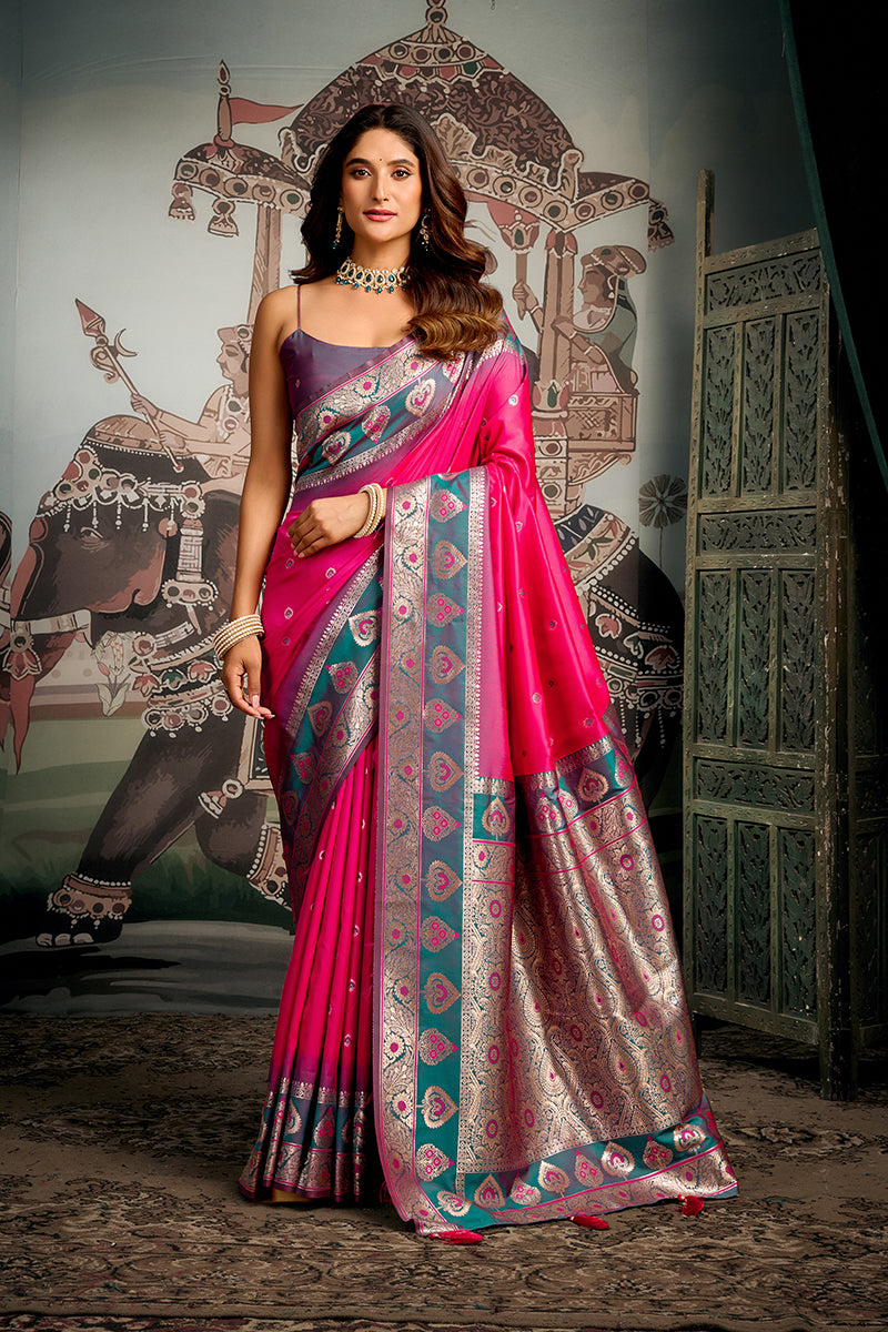 Monjolika Fashion Rani Pink Soft Banarasi Silk Blend Saree with Blouse Piece - Dista
