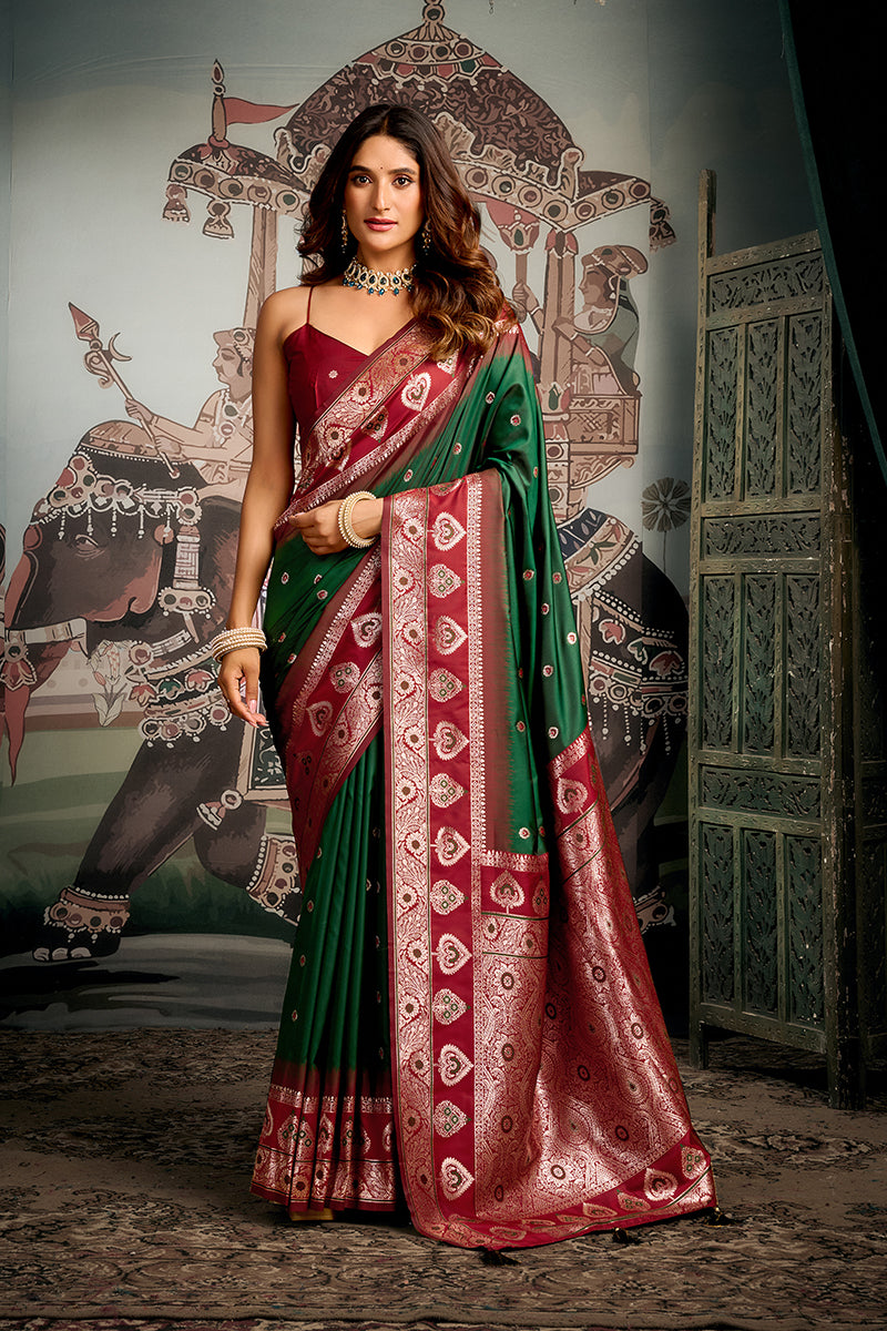 Monjolika Fashion Dark Green Soft Banarasi Silk Blend Saree with Blouse Piece - Dista