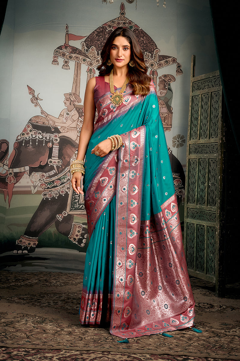 Monjolika Fashion Teal Blue Soft Banarasi Silk Blend Saree with Blouse Piece - Dista