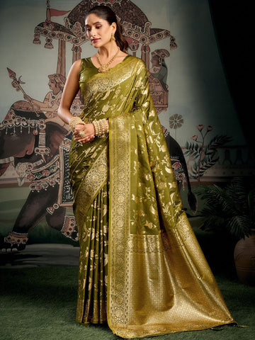 Monjolika Fashion Olive Green Woven Soft Kanjivaram Style Silk Blend Saree for Wedding - Dista