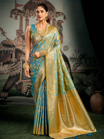Monjolika Fashion Turquoise Woven Soft Kanjivaram Style Silk Blend Saree for Wedding - Dista