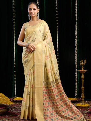 Monjolika Fashion Cream Handloom Cotton Blend Geometric Threadwork Saree with Blouse Piece - Dista