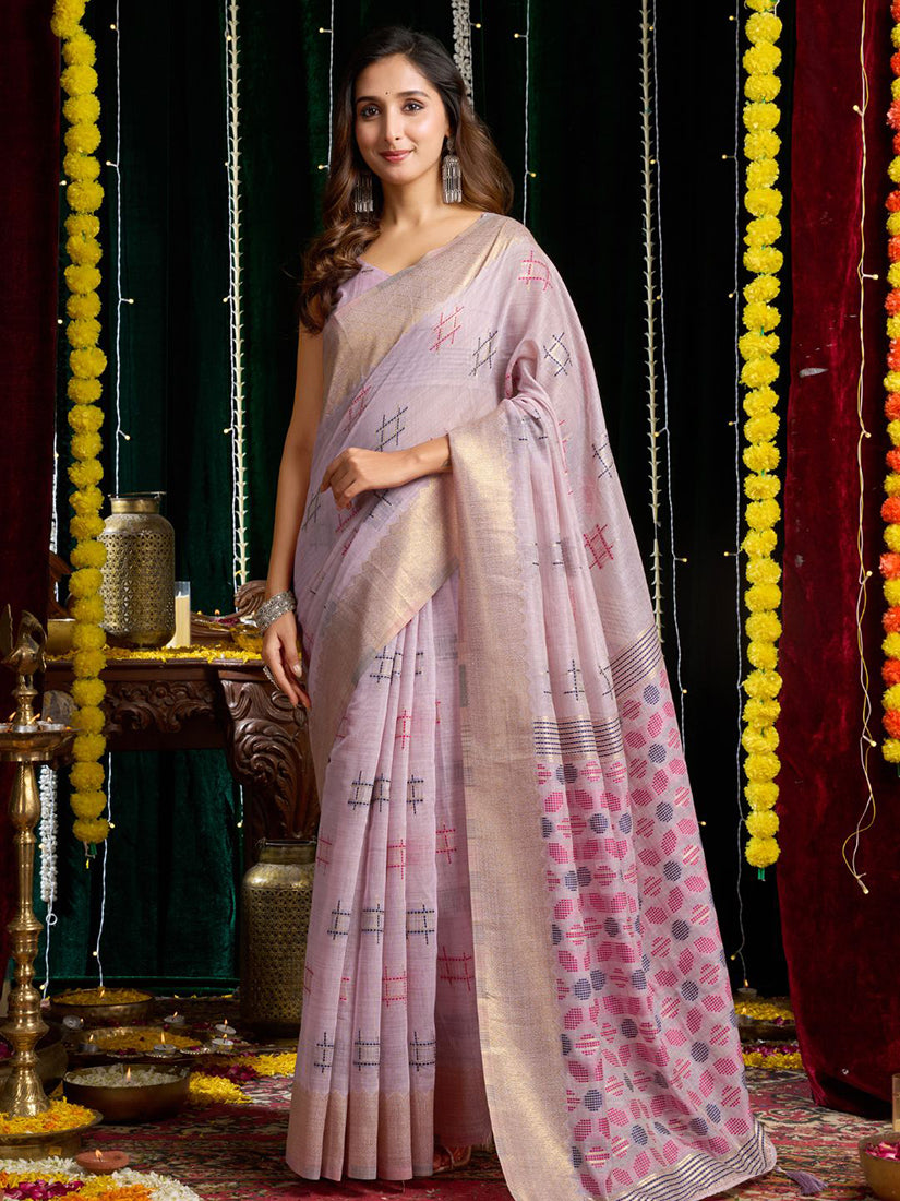 Monjolika Fashion Lavender Handloom Cotton Blend Geometric Threadwork Saree with Blouse Piece - Dista
