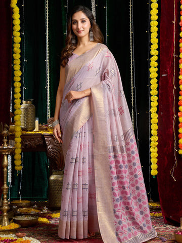 Monjolika Fashion Lavender Handloom Cotton Blend Geometric Threadwork Saree with Blouse Piece - Dista