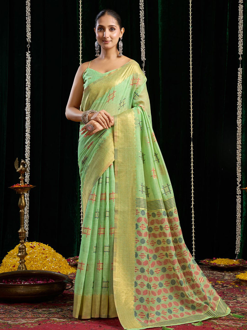 Monjolika Fashion Light Green Handloom Cotton Blend Geometric Threadwork Saree with Blouse Piece - Dista