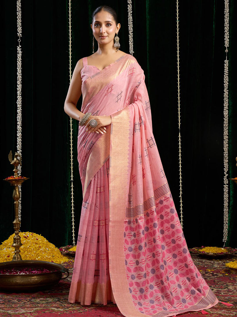 Monjolika Fashion Pink Handloom Cotton Blend Geometric Threadwork Saree with Blouse Piece - Dista