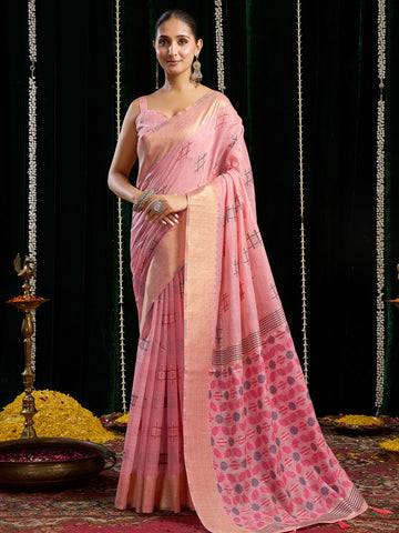Monjolika Fashion Pink Handloom Cotton Blend Geometric Threadwork Saree with Blouse Piece - Dista