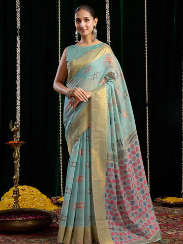Monjolika Fashion Sky Blue Handloom Cotton Blend Geometric Threadwork Saree with Blouse Piece - Dista