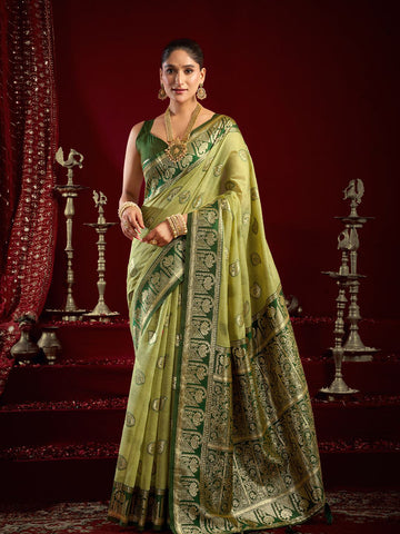 Monjolika Fashion Light Green Soft Banarasi Silk Blend Zari Woven Saree With Blouse Piece - Dista