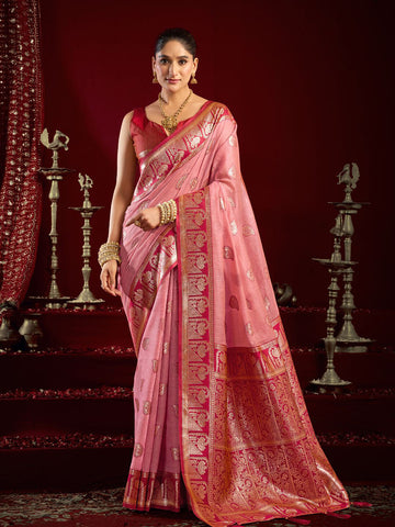 Monjolika Fashion Light Pink Soft Banarasi Silk Blend Zari Woven Saree With Blouse Piece - Dista