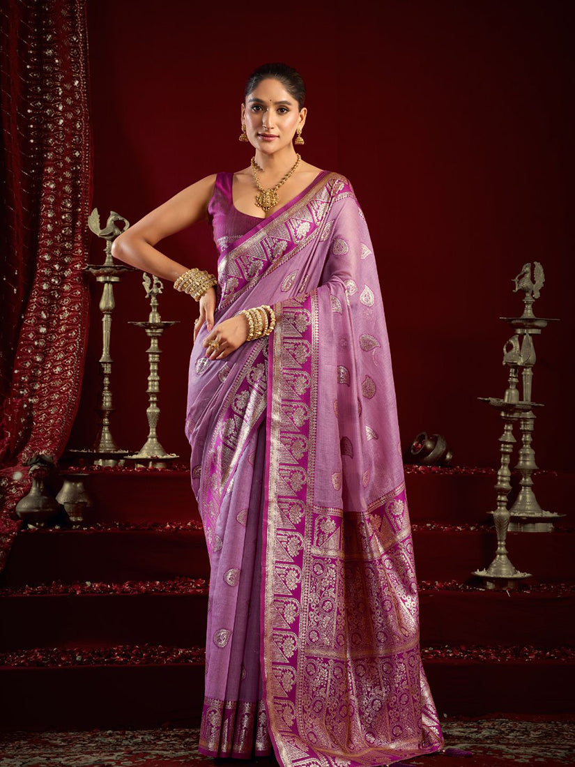 Monjolika Fashion Lilac Soft Banarasi Silk Blend Zari Woven Saree With Blouse Piece - Dista