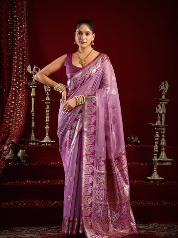 Monjolika Fashion Lilac Soft Banarasi Silk Blend Zari Woven Saree With Blouse Piece - Dista