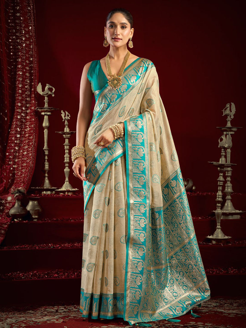 Monjolika Fashion Cream Soft Banarasi Silk Blend Zari Woven Saree With Blouse Piece - Dista