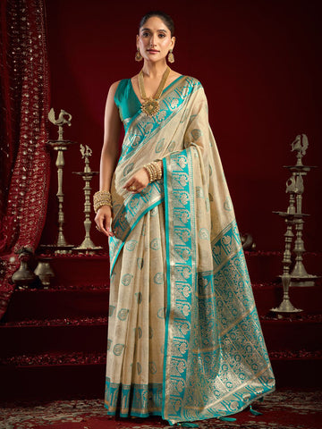 Monjolika Fashion Cream Soft Banarasi Silk Blend Zari Woven Saree With Blouse Piece - Dista