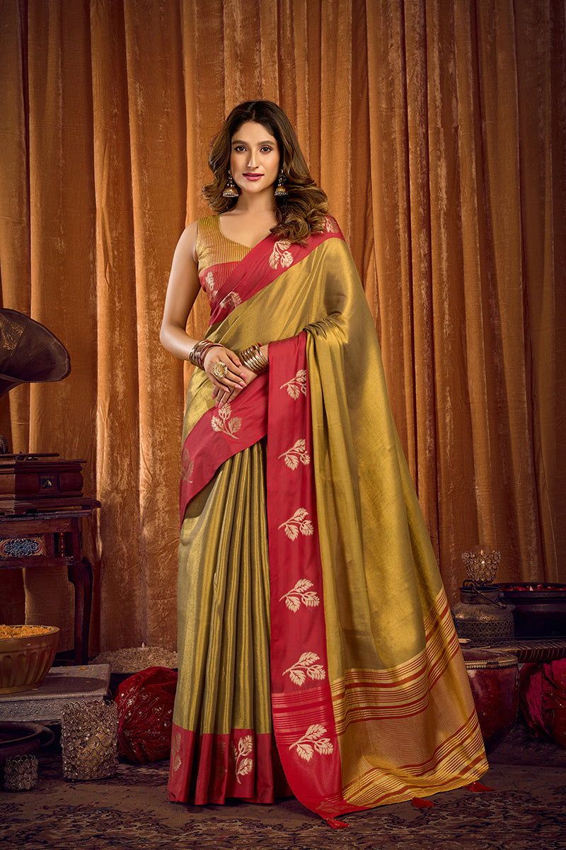 Monjolika Fashion Golden Olive Green Soft Tissue Silk Blend Saree with Red Woven Border - Dista