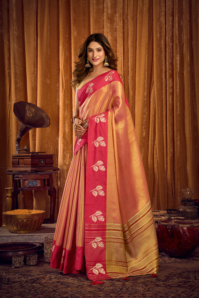 Monjolika Fashion Peach Gold Soft Tissue Silk Blend Saree with Magenta Woven Border - Dista