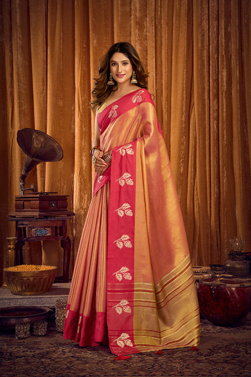 Monjolika Fashion Peach Gold Soft Tissue Silk Blend Saree with Magenta Woven Border - Dista