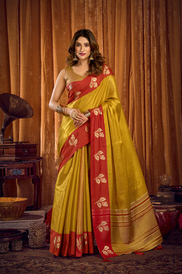 Monjolika Fashion Mustard Yellow Soft Tissue Silk Blend Saree with Red Woven Border - Dista