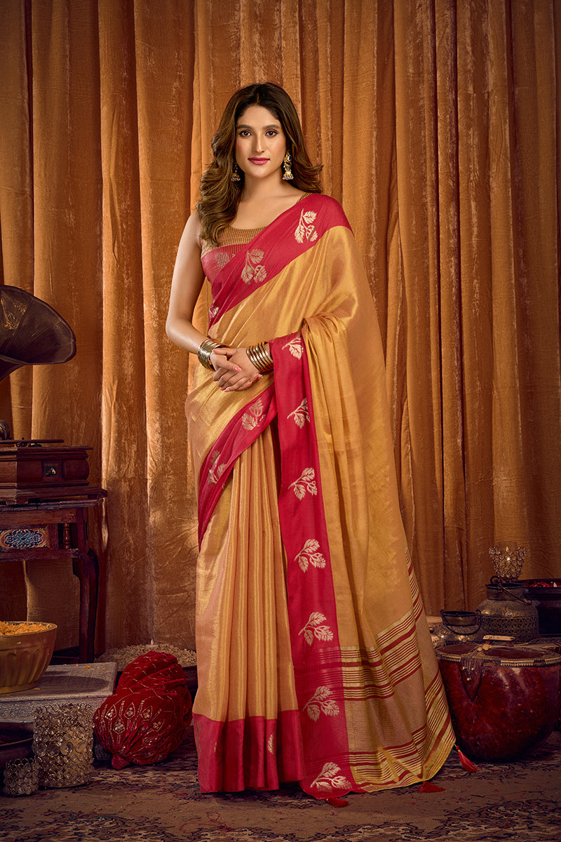 Monjolika Fashion Beige Gold Soft Tissue Silk Blend Saree with Rani Pink Zari Woven Border - Dista