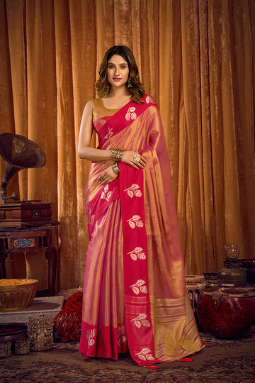 Monjolika Fashion Peach Pink Soft Tissue Silk Blend Saree with Rani Pink Zari Woven Border - Dista